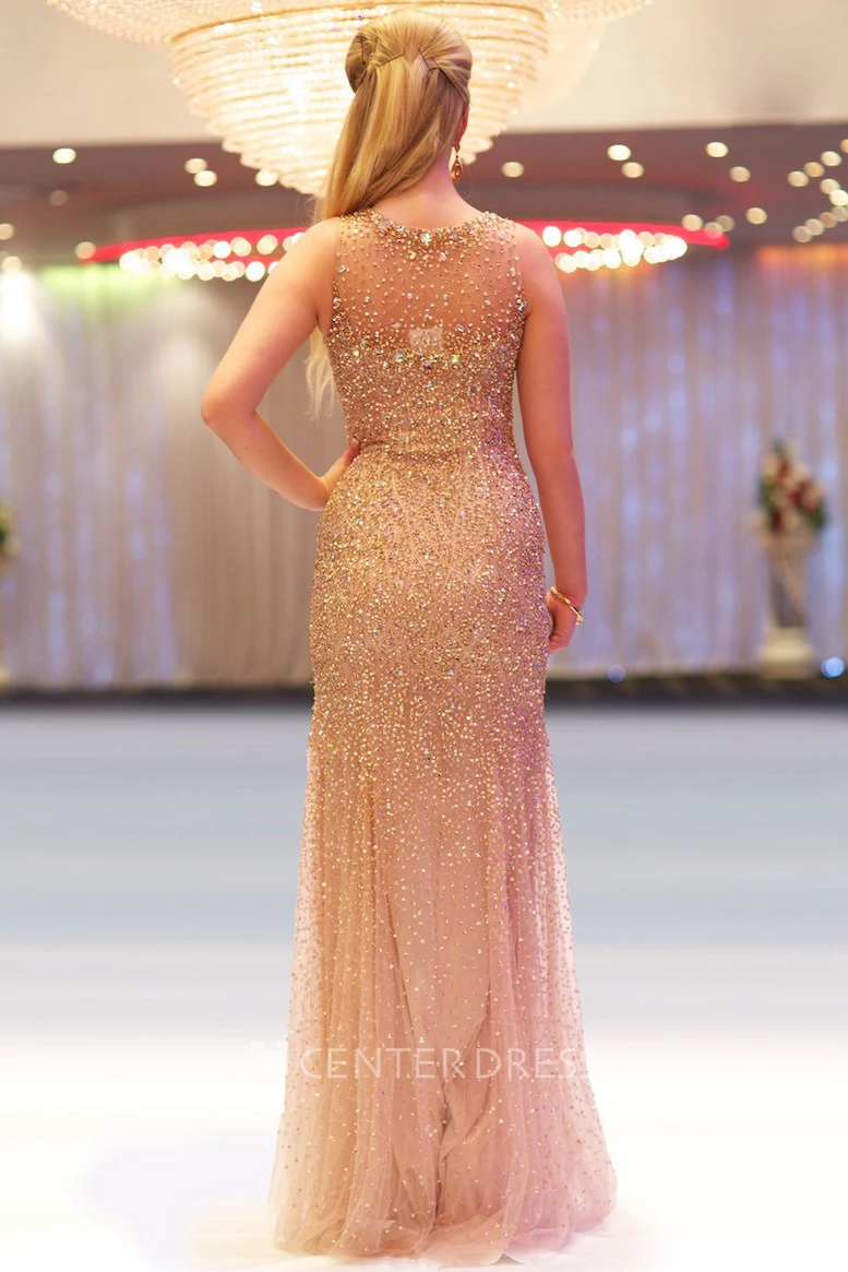 Sheath Sleeveless Scoop-Neck Floor-Length Sequins&Tulle Prom Dress