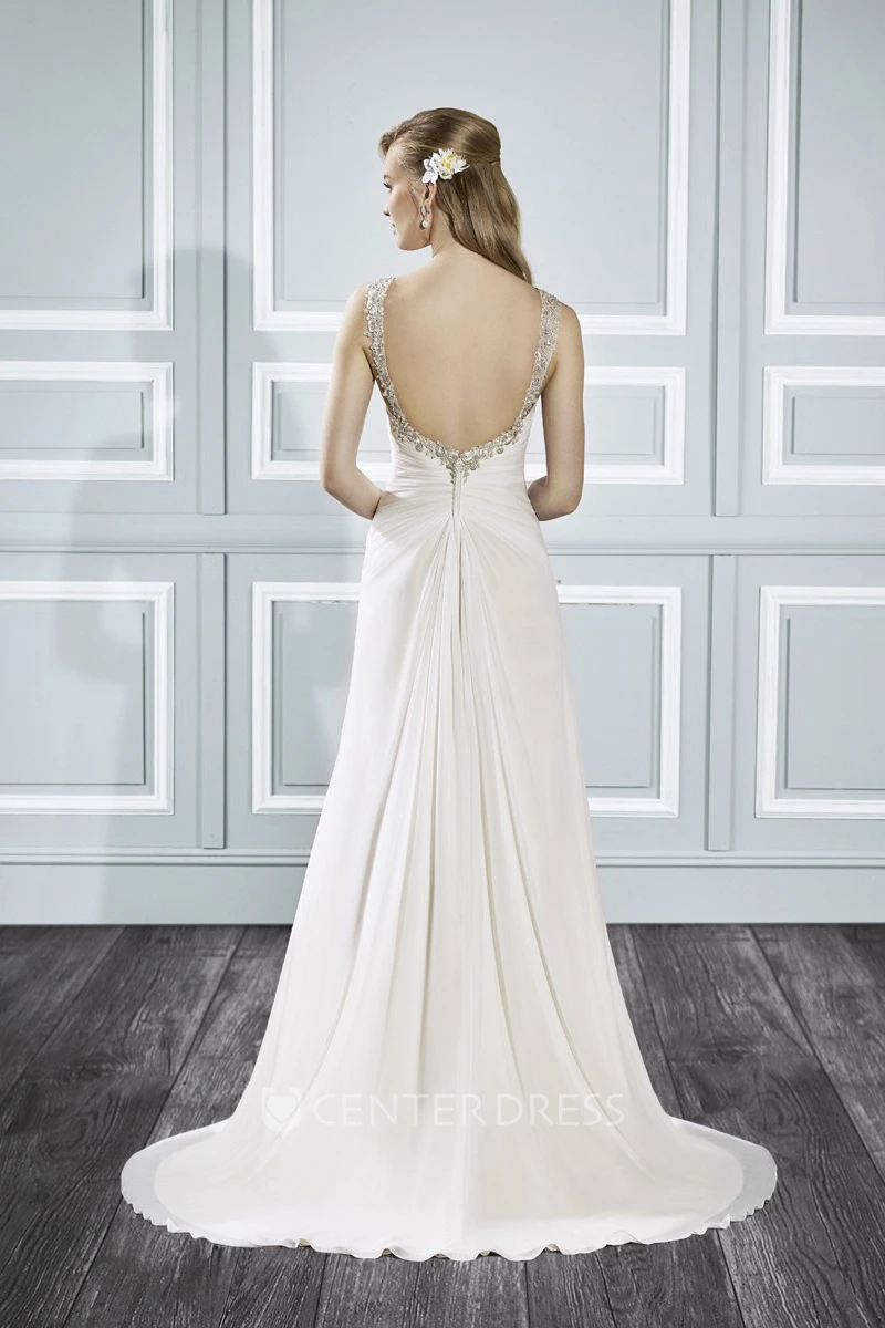 A-Line Sleeveless Criss-Cross Long Wedding Dress With Beading And Draping