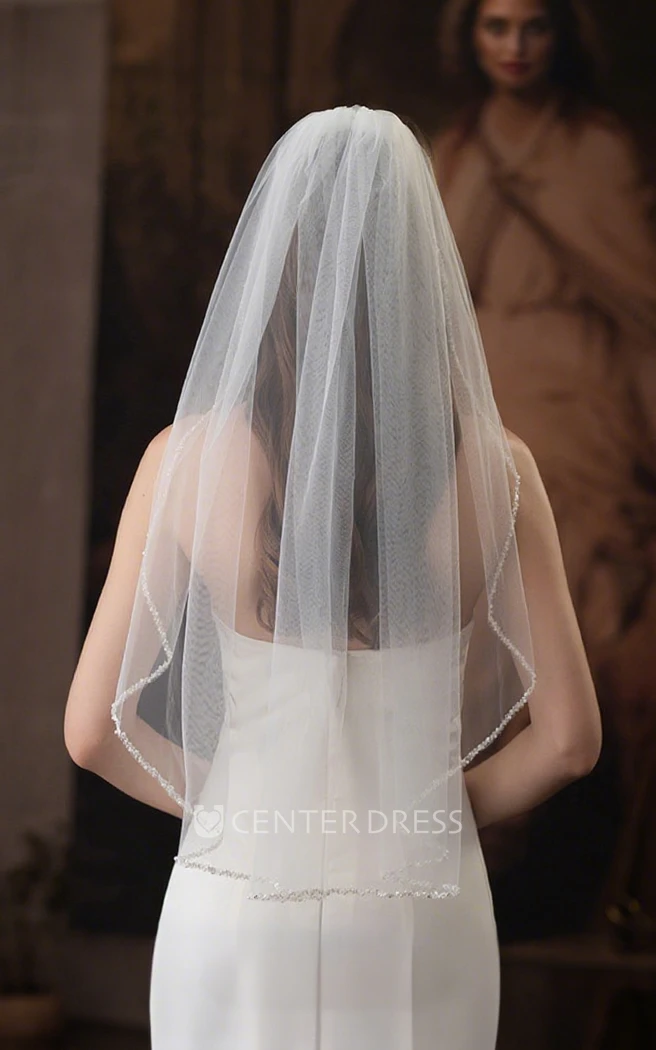 Modern Sparkly One-Tier Waterfall Sequin Pearl Tulle Elbow Length Short Wedding Veil