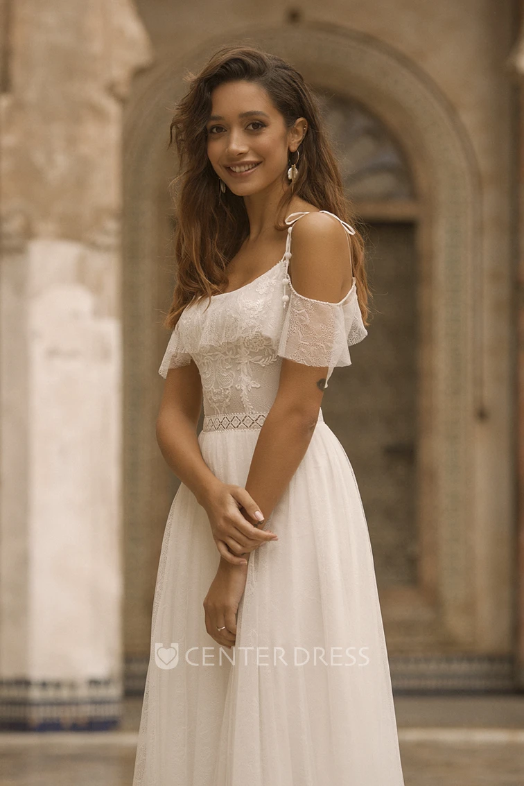 Tulle Spaghetti Straps Off-the-shoulder Adorable Wedding Dress With Lace Details