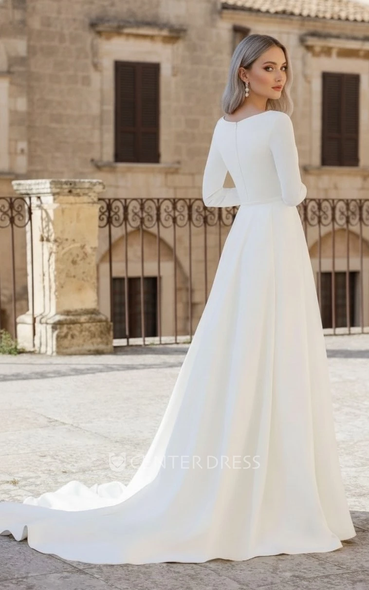 Modest Simple A-Line Wedding Dress with Long Sleeves and Boat Neck Elegant Satin Bridal Gown with Train