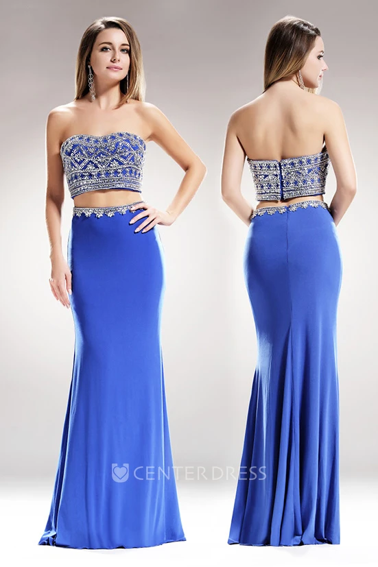 Two-Piece Sheath Sweetheart Sleeveless Jersey Backless Dress With Beading And Pleats