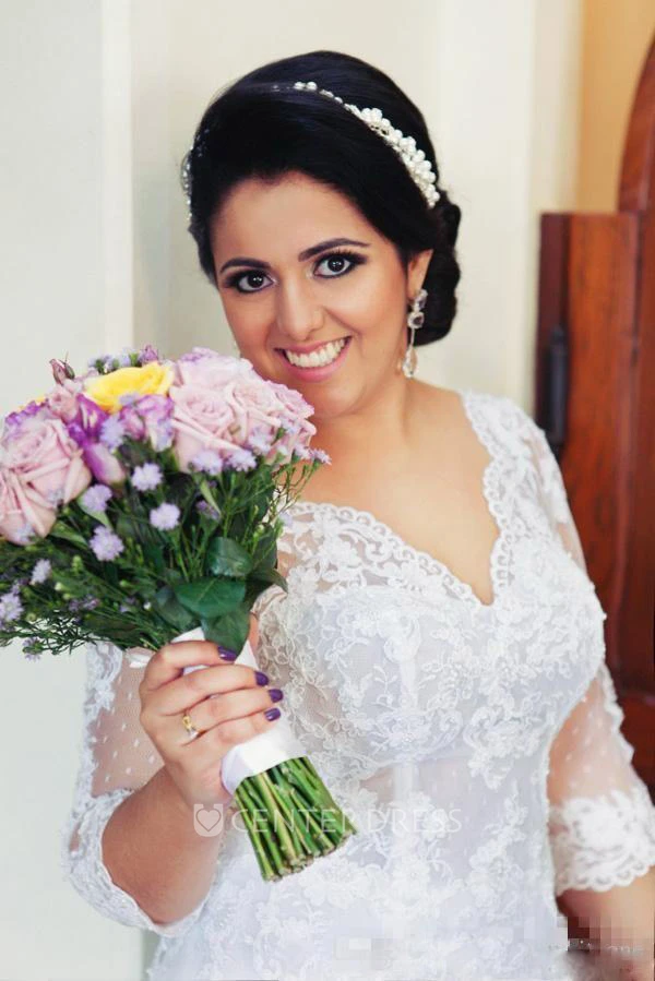 A Line V-neck Lace Zipper Spring Wedding Dress