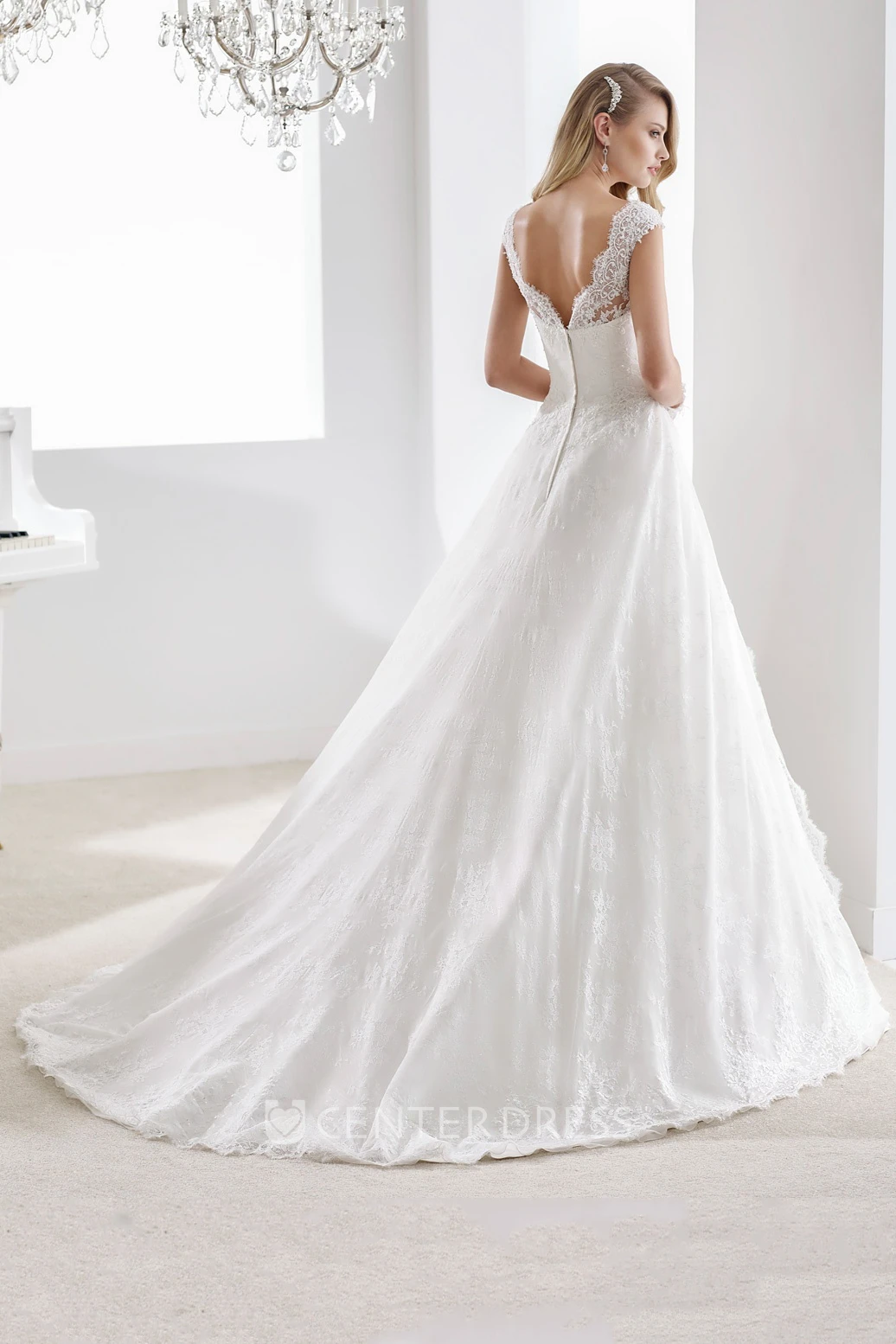 Scalloped-neck Cap-sleeve A-line Wedding Gown with V Back and Front-split Overlayer