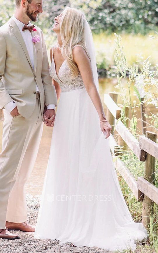Simple A-Line Plunging Neckline Chiffon Sequins Wedding Dress With Open Back