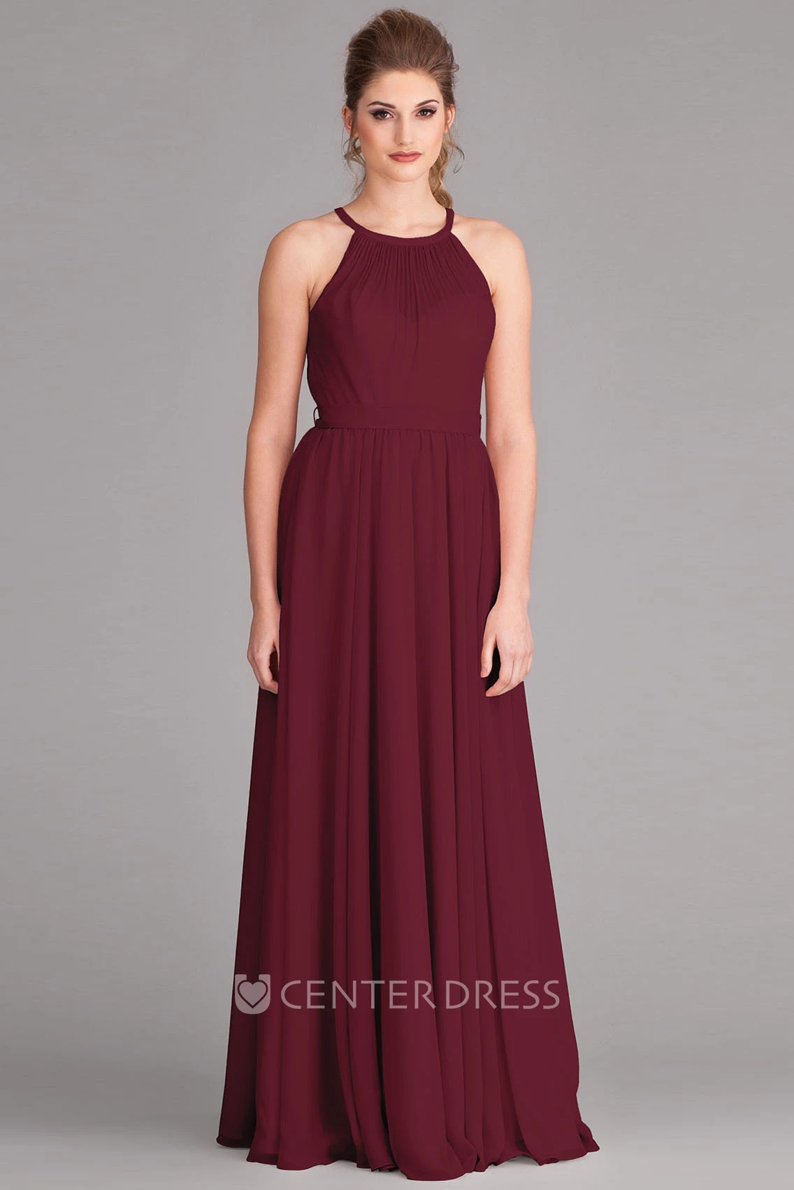 Scoop Neck Bowed Sleeveless Chiffon Bridesmaid Dress With Pleats