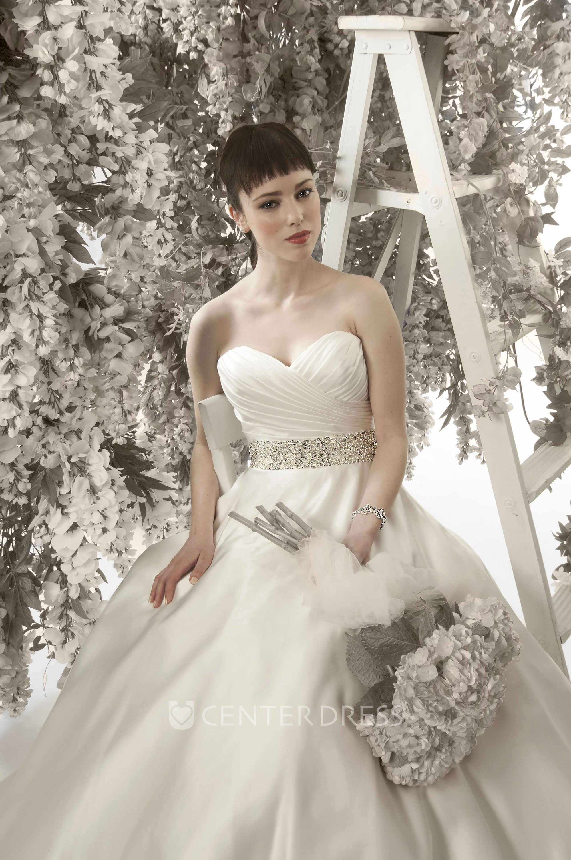 A-Line Floor-Length Sweetheart Jeweled Sleeveless Satin Winter Wedding Dress