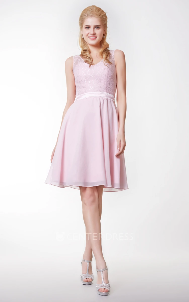 Short V Neck Lace and Chiffon Bridesmaid Dress