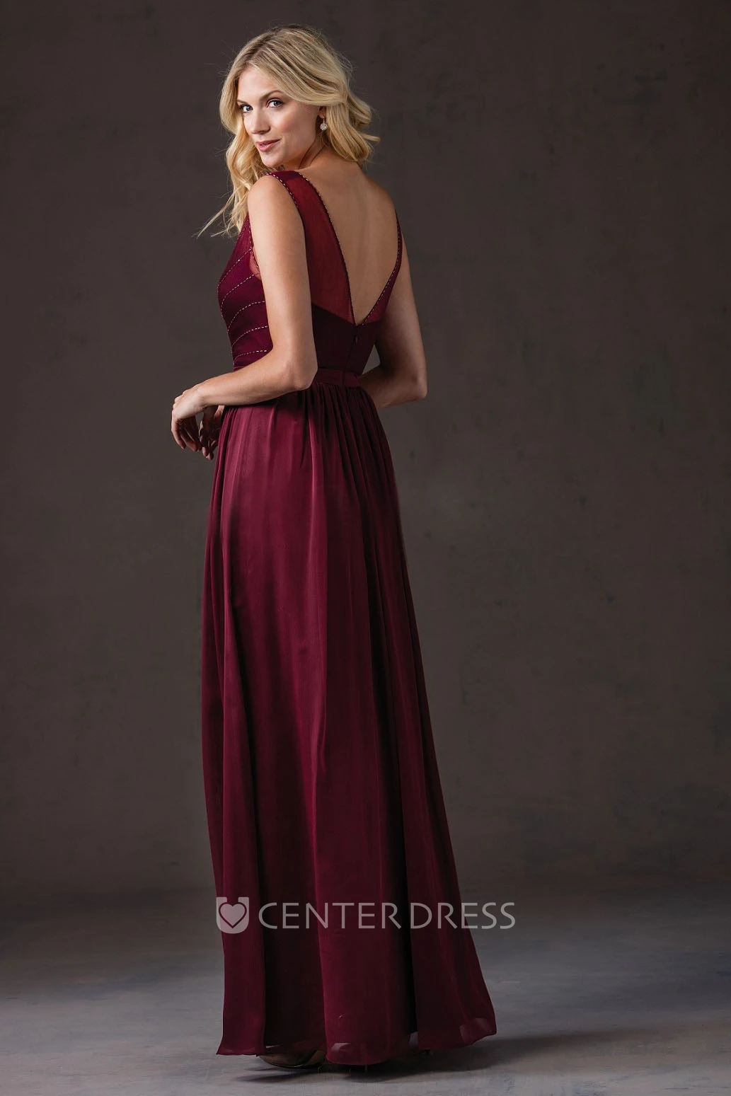 Sleeveless V-Neck Long Bridesmaid Dress With Beadings And Illusion Style