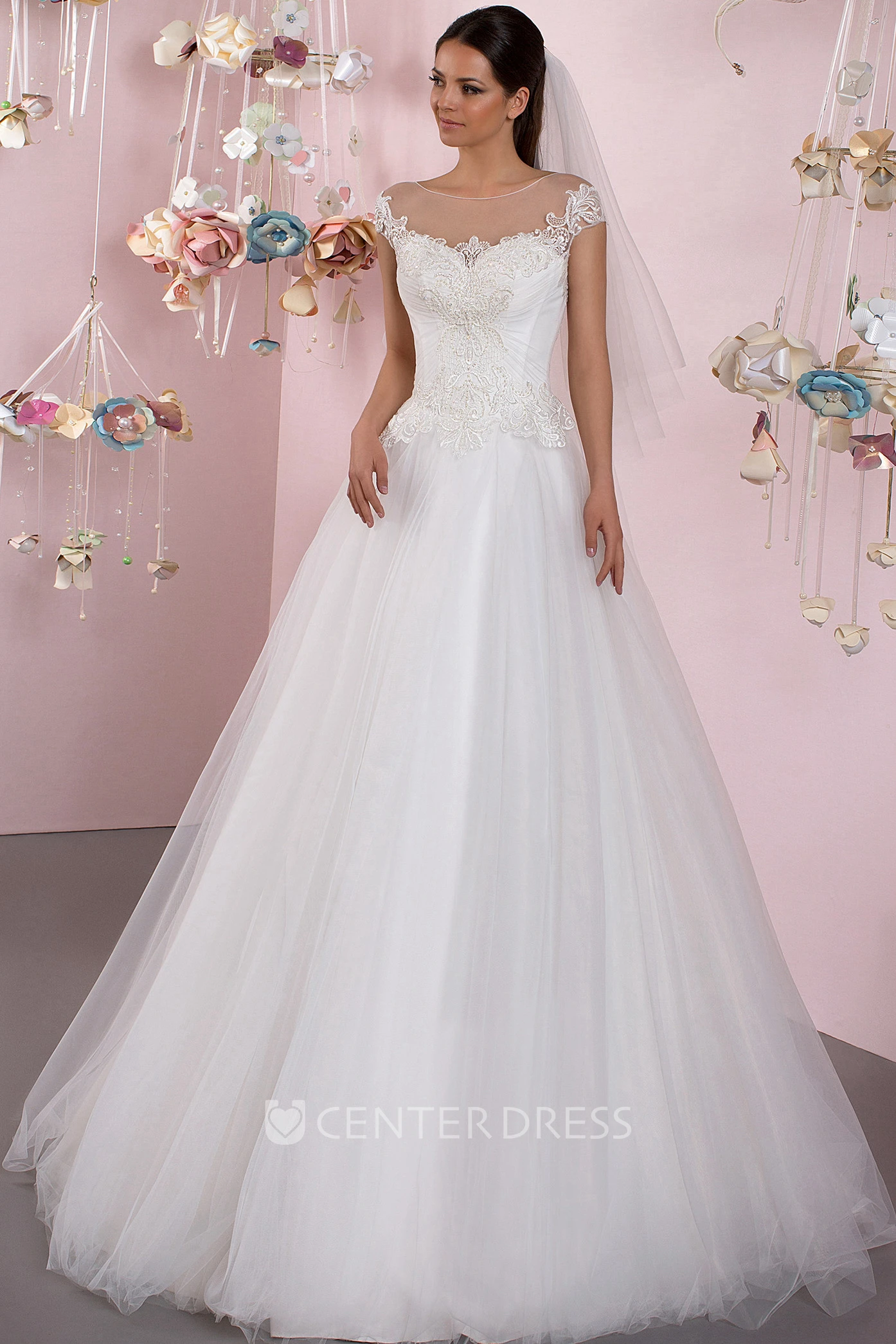 A-Line Cap Sleeve Appliqued Scoop Neck Tulle Wedding Dress