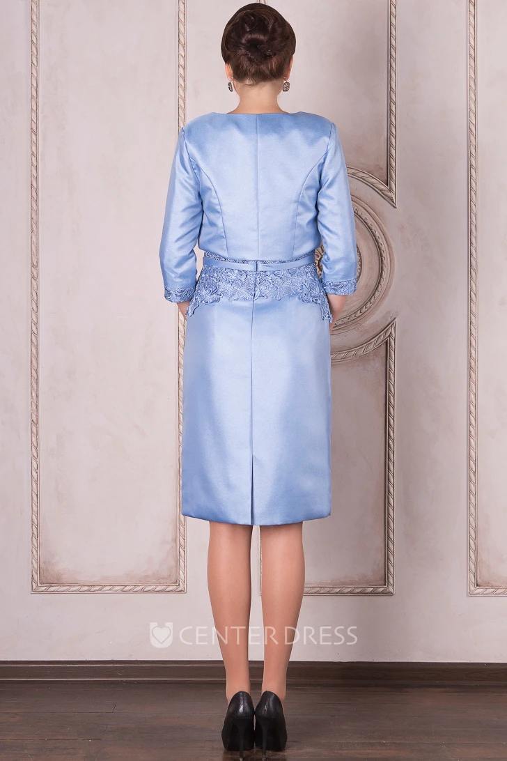Pencil Knee-Length V-Neck Half Sleeve Appliqued Satin Mother Of The Bride Dress