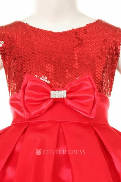Tea-Length Bowed Sequins&Satin Flower Girl Dress