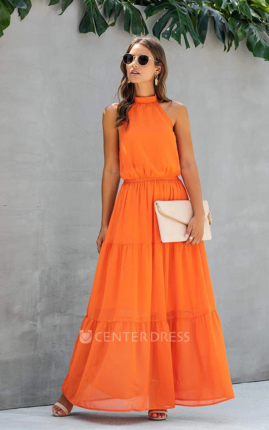 Casual A Line Chiffon Halter Sleeveless Guest Evening Dress With Ruffles