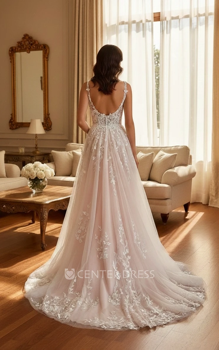 Floral Lace Sheer Long Sleeve Wedding Dress Elegant A-Line V Neck Tulle Bridal Gown with Court Train