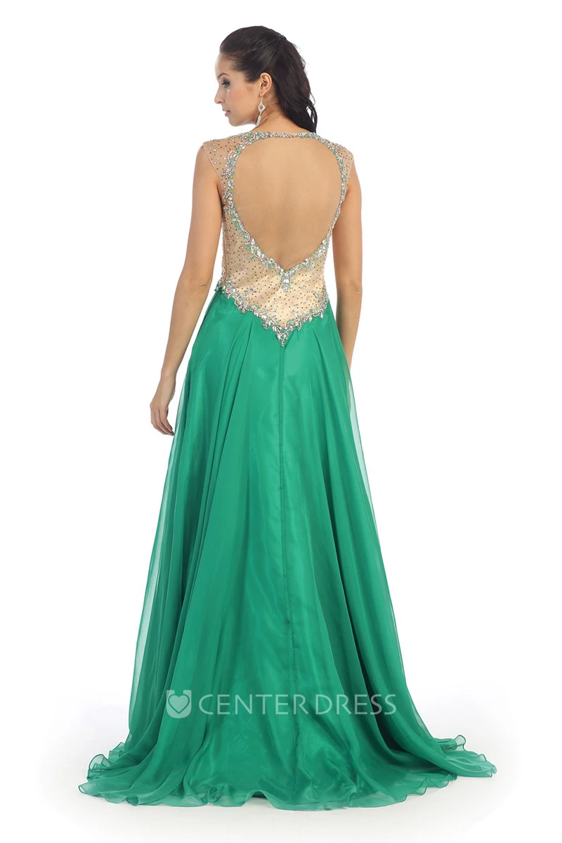 A-Line Long V-Neck Cap-Sleeve Chiffon Keyhole Dress With Beading And Pleats