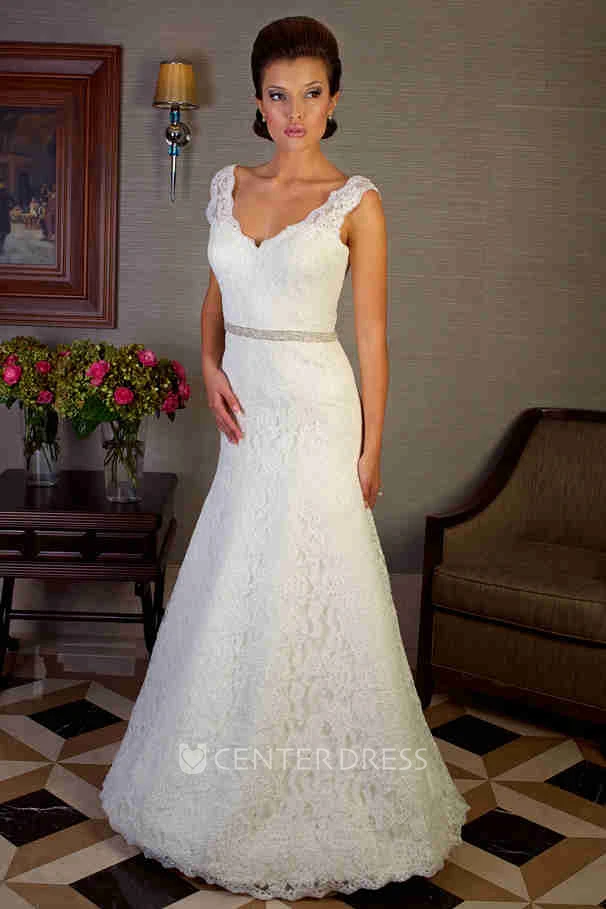 A-Line Sleeveless V-Neck Floor-Length Jeweled Lace Wedding Dress