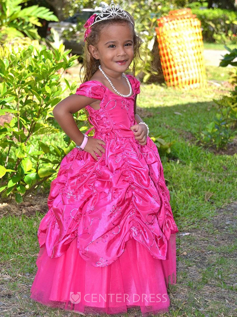Ankle-Length Tiered Embroideried Lace&Taffeta Flower Girl Dress With Broach