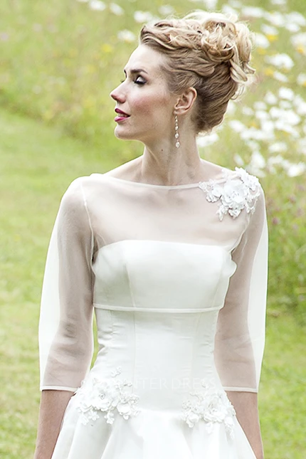 Floor-Length Scoop Long-Sleeve Floral Chiffon Wedding Dress
