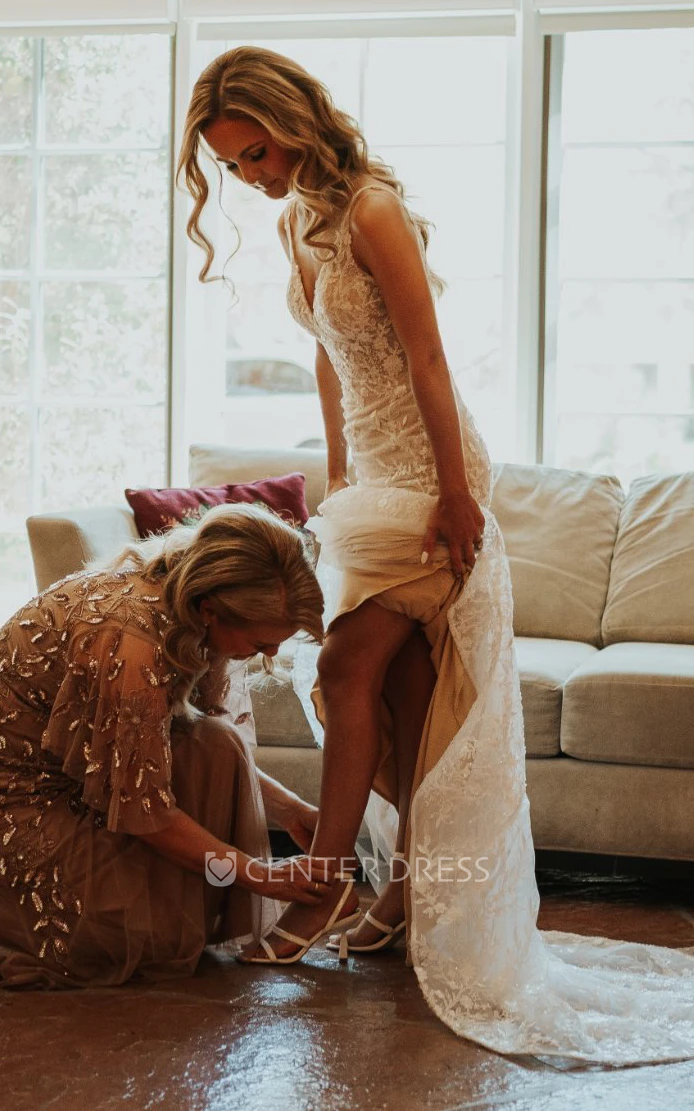 Elegant Lace Mermaid Warm Wedding Dress with V-neck and Sweep Train Simple and Ethereal