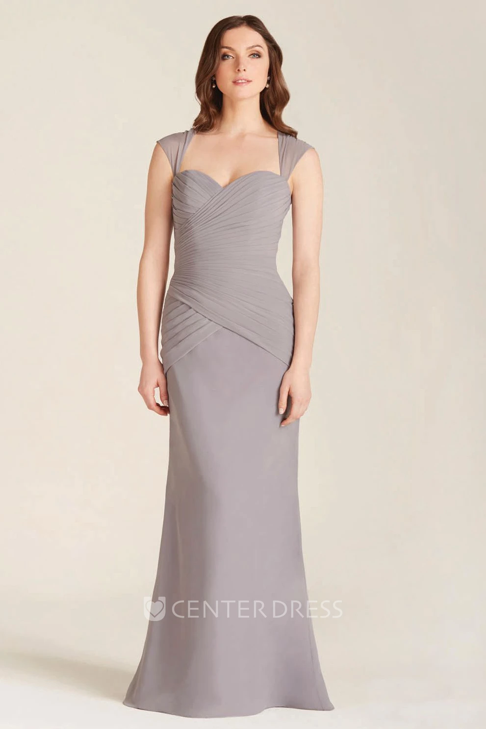 Sheath Cap-Sleeve Criss-Cross Floor-Length Chiffon Bridesmaid Dress