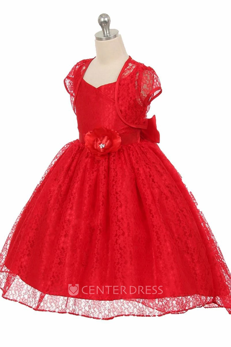 High-Low Floral Criss-Cross Lace Flower Girl Dress With Sash