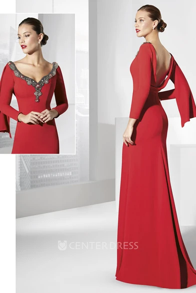 Sheath Long-Sleeve Floor-Length V-Neck Jersey Prom Dress