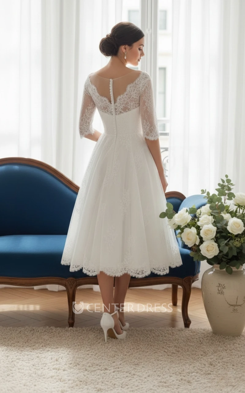 Tea Length Lace A-line Wedding Dress Simple Half Sleeve Civil Bridal Gown