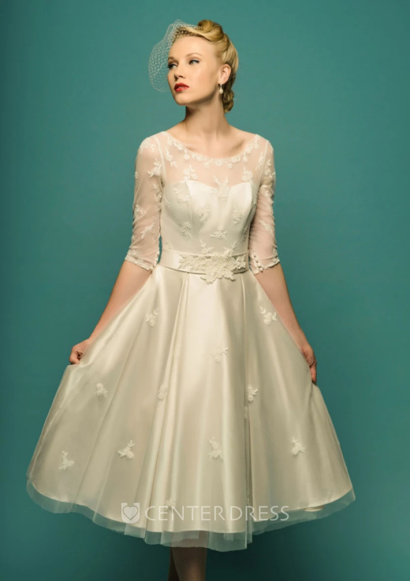 A-Line Tea-Length Illusion Sleeve Scoop Neck Appliqued Tulle Winter Wedding Dress