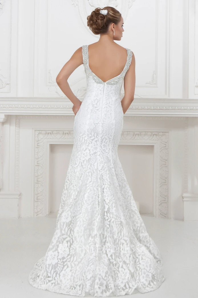 Sheath Long Sleeveless V-Neck Beaded Lace&Satin Wedding Dress