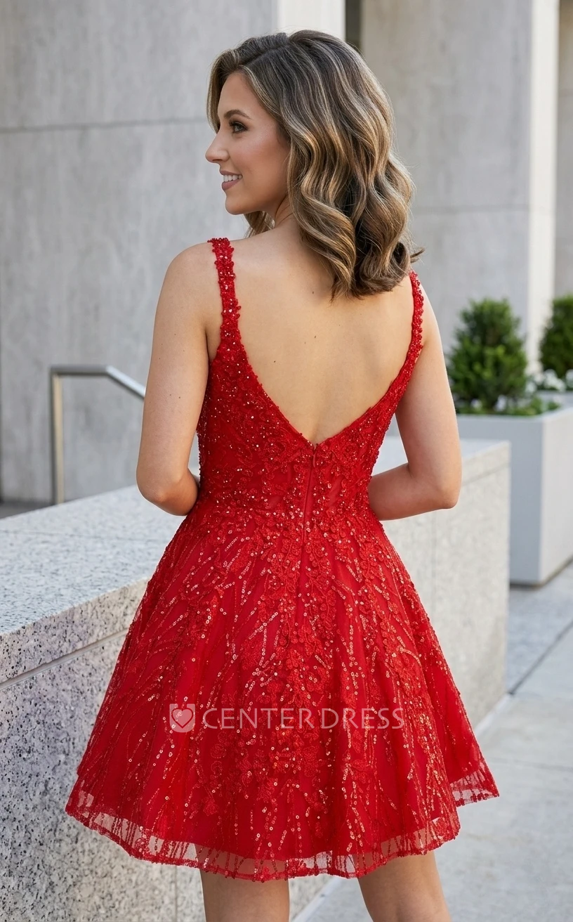 Cute Modern Short A-Line Red Sequins Homecoming Dress with Pockets Adorable Elegant Mini Straps Square Neckline Sleeveless Prom Party Dress
