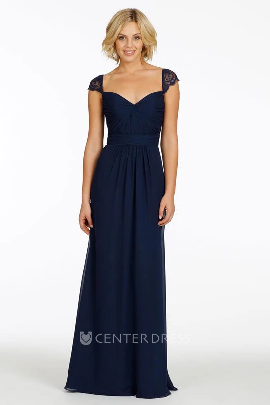 A-Line Floor-Length Cap-Sleeve Ruched Chiffon Bridesmaid Dress
