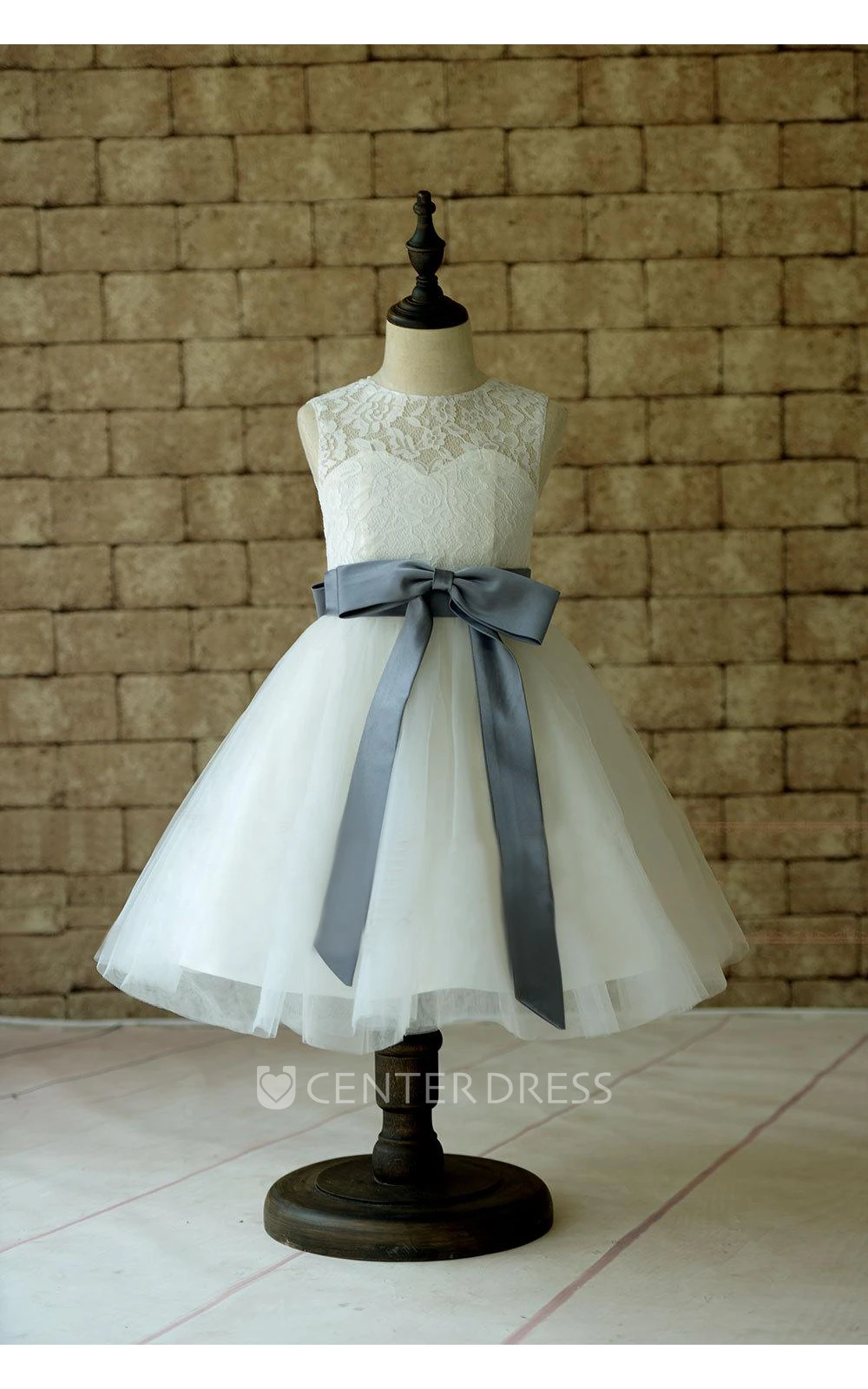 Ivory Lace Tulle Flower Girl Dress With Gray Sash and Bow