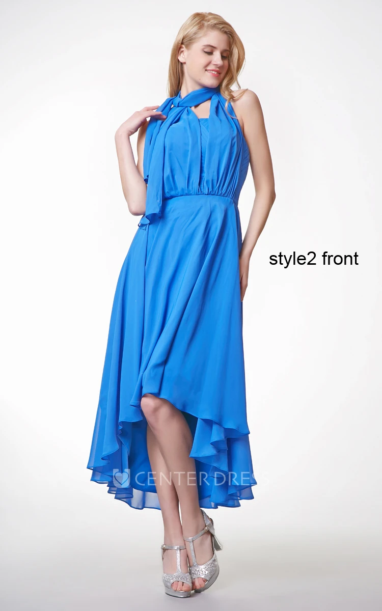 Short Sleeve Ruffled High Low Chiffon Dress With Sash