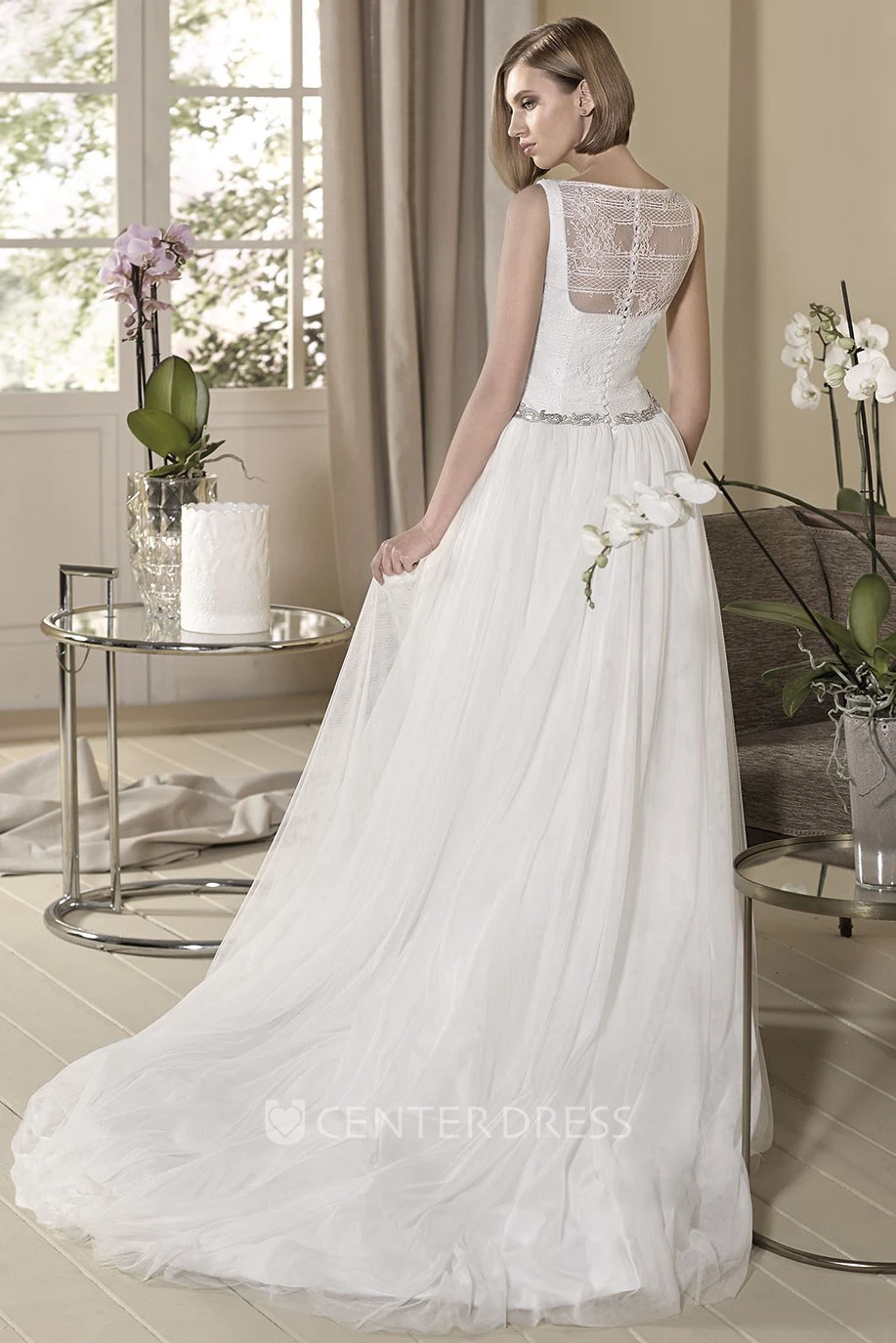 A-Line Jeweled Sleeveless Long Square-Neck Tulle Wedding Dress With Pleats