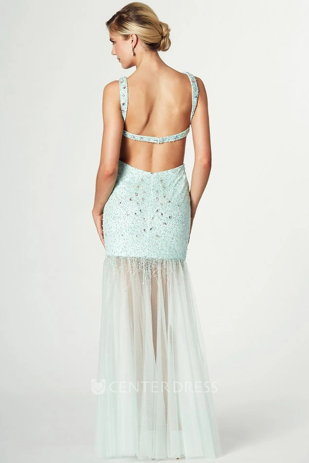 Sleeveless Beaded Scoop Neck Tulle Prom Dress With Pleats And Straps