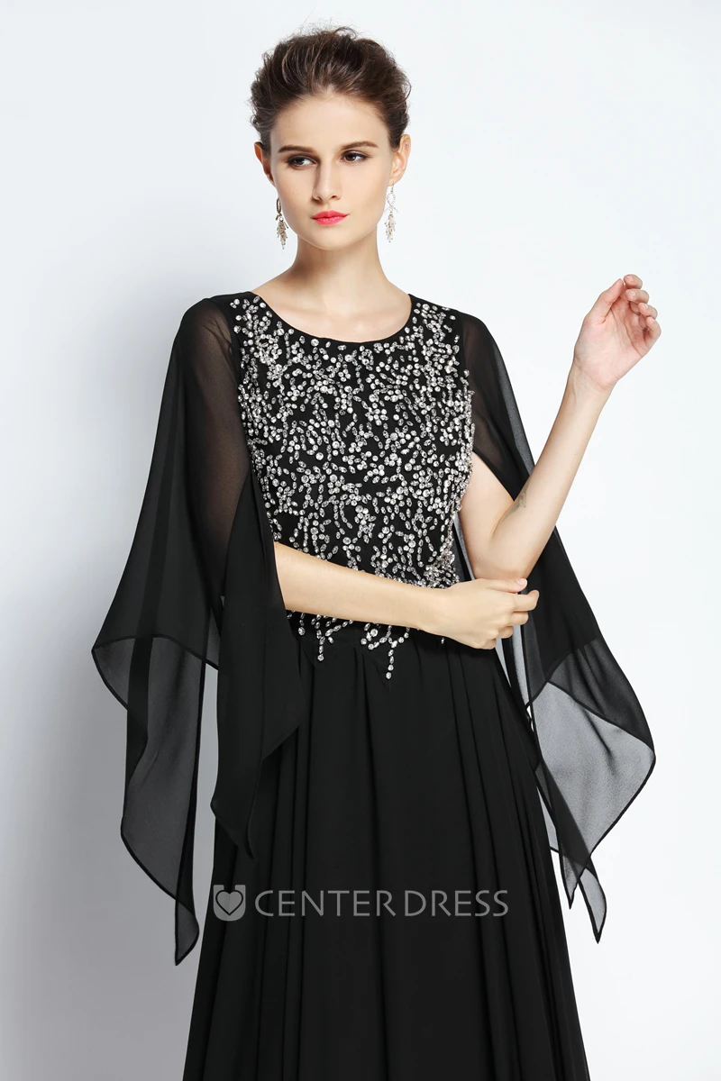 Floor-length Long Sleeve A-Line Jewel Chiffon Prom Dress with Beading and Pleats