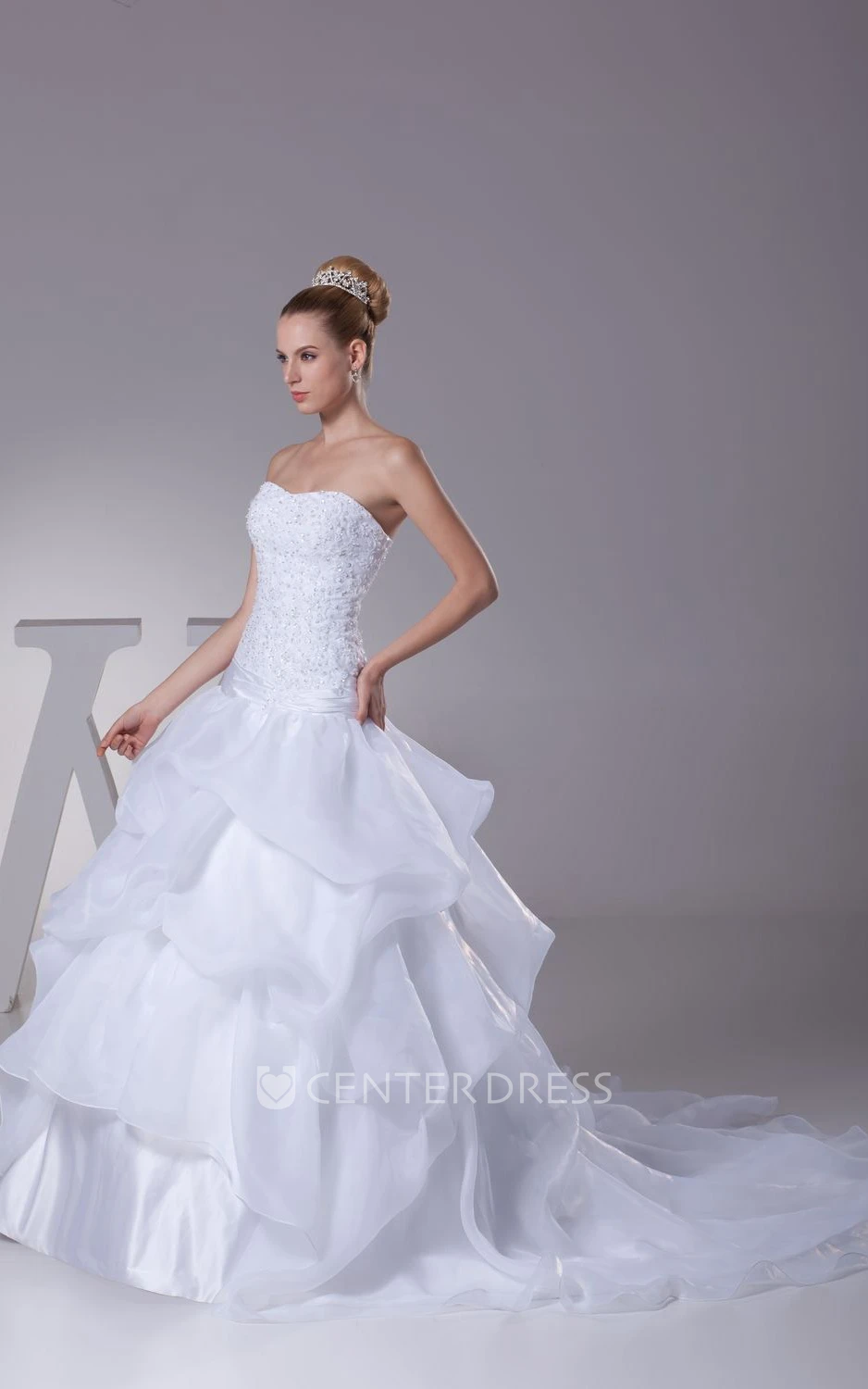 Strapless Appliqued A-Line Ball Gown Organza Wedding Dress With Pick-Up Design