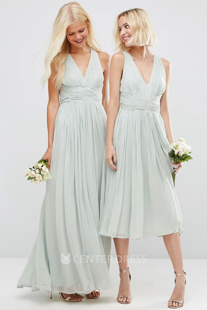 Knee-Length V-Neck Sleeveless Chiffon Bridesmaid Dress With Ruching And Straps