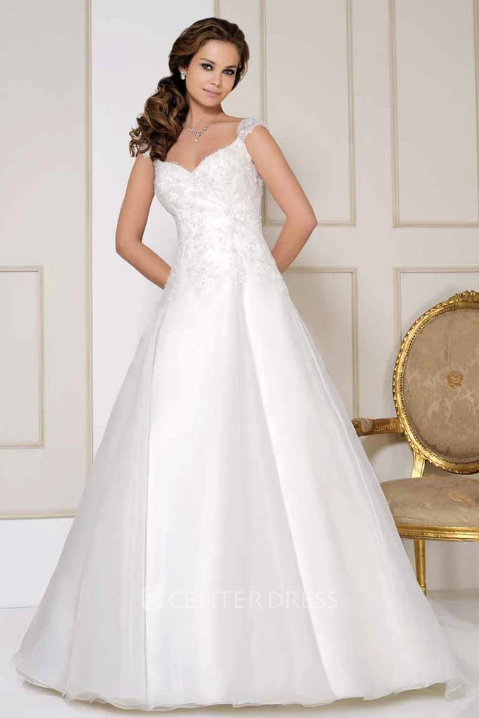 V-Neck Long Cap-Sleeve Appliqued Satin Wedding Dress With Chapel Train And V Back