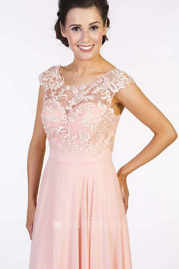 Embroidered Scoop-Neck Floor-Length Cap-Sleeve Chiffon Prom Dress