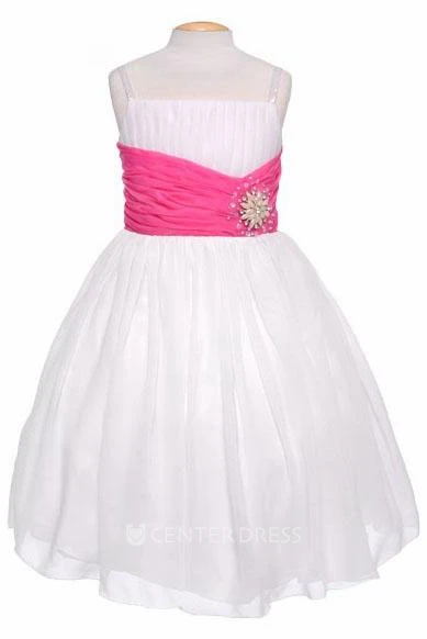 Spaghetti Tea-Length Pleated Chiffon&Sequins Flower Girl Dress With Tiers