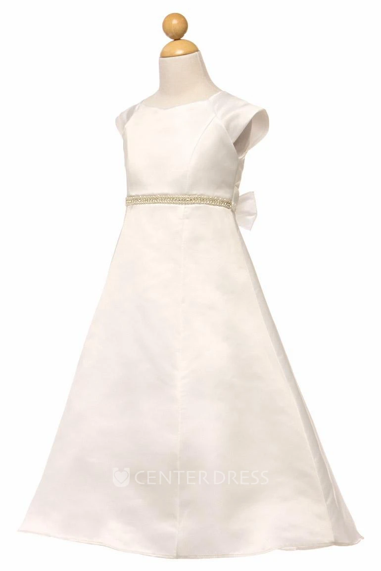 Ankle-Length Beaded Bell-Sleeve Satin Flower Girl Dress