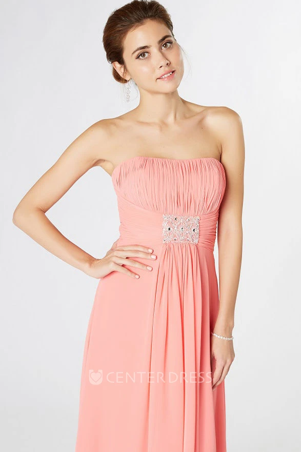 Strapless Maxi Ruched Chiffon Bridesmaid Dress With Waist Jewellery And Corset Back
