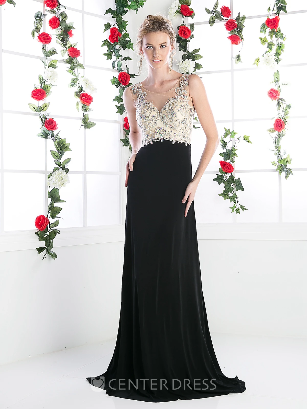 A-Line Long Scoop-Neck Sleeveless Jersey Court Train Illusion Dress With Beading