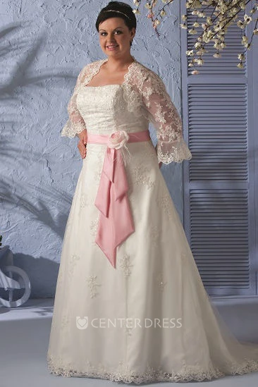 Lace-Up Bridal Gown With Pink Floral Sash And Lace Removable 3-4-Sleeve Jacket