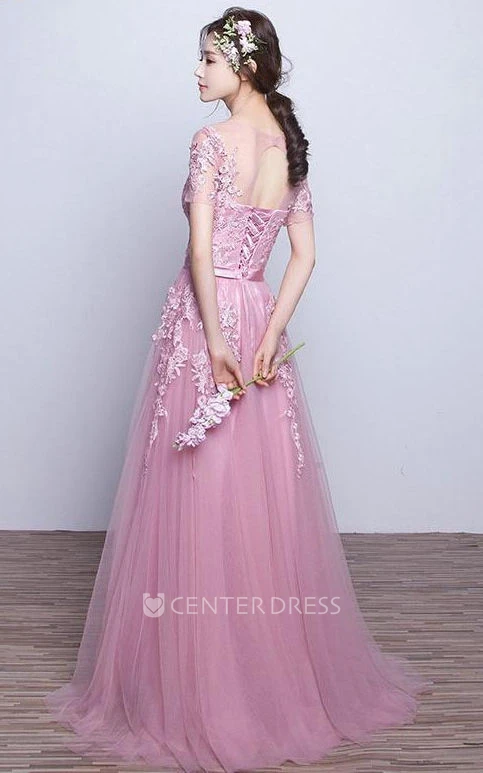 Short Sleeve A-line Long Tulle Dress with Appliques