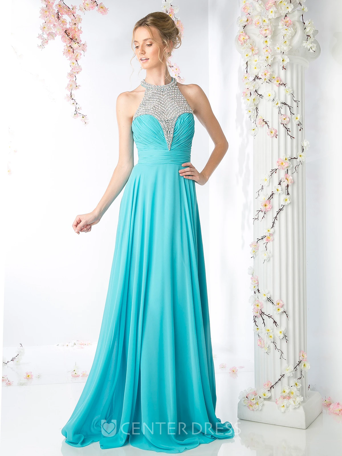 A-Line Halter Sleeveless Chiffon Straps Dress With Beading And Ruching