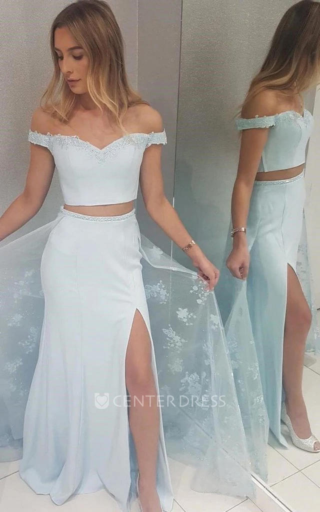 Two Piece Sleeveless Satin Tulle Ethereal Corset Back Prom Dress with Beading