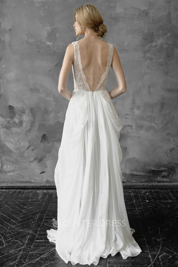 Plunged Sleeveless Chiffon Pick Up Wedding Dress With Appliques