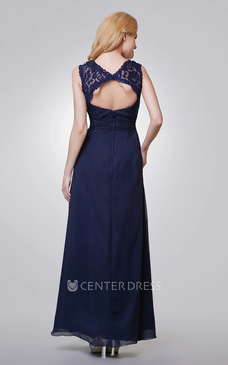 A-Line Long Chiffon Ruched Dress With Key-hole